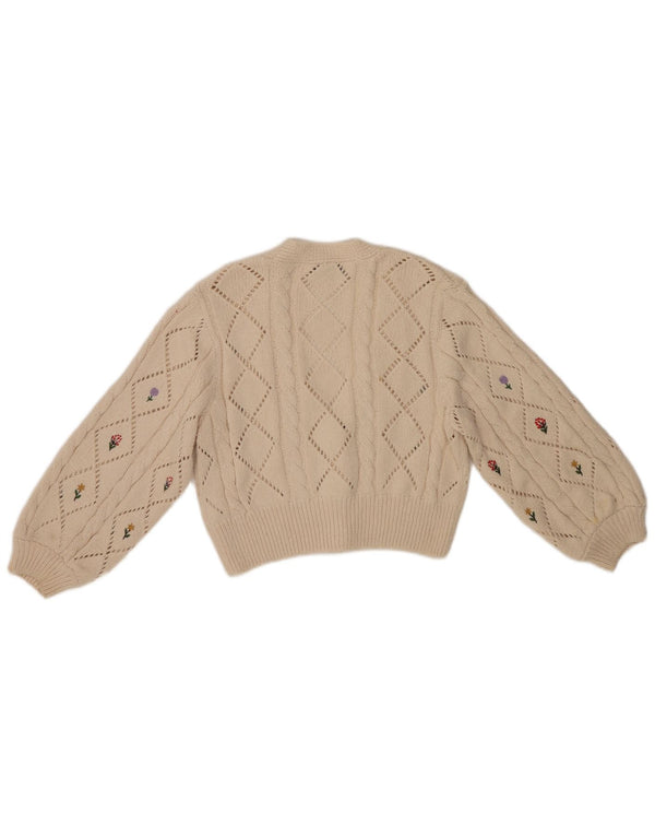 Zara Womens Crop Cardigan Sweater UK 10 Small Off White Argyle/Diamond