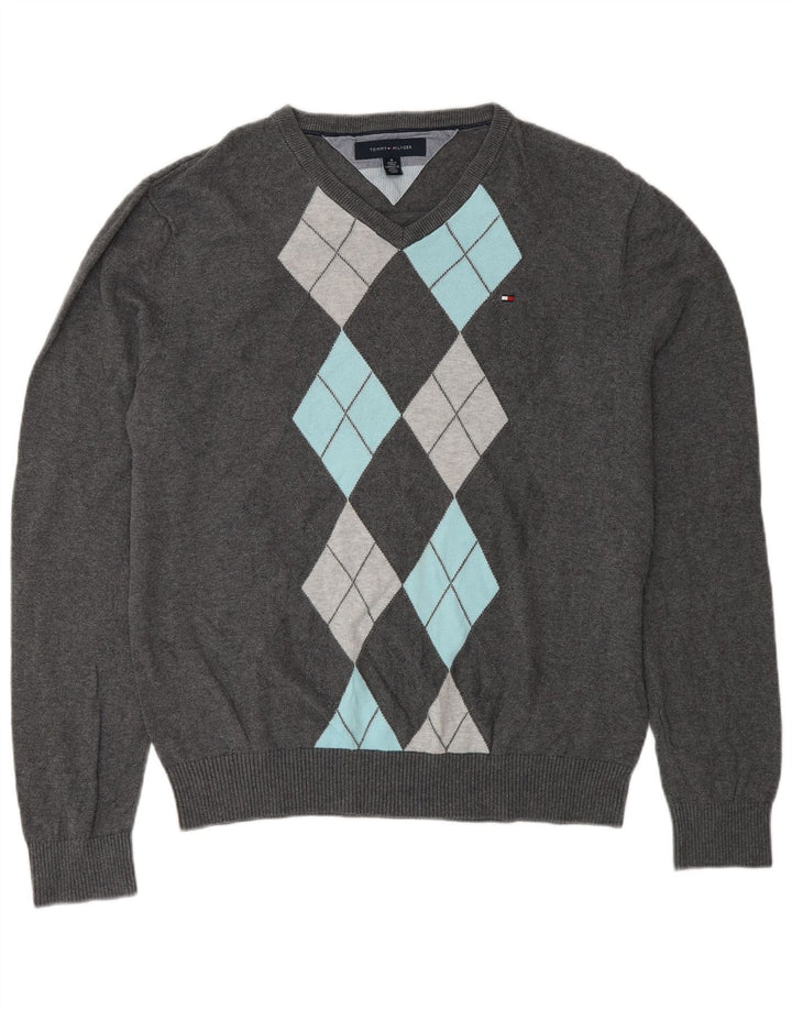 Tommy Hilfiger Pull col V Homme Gris Moyen Argyle/Diamant Coton