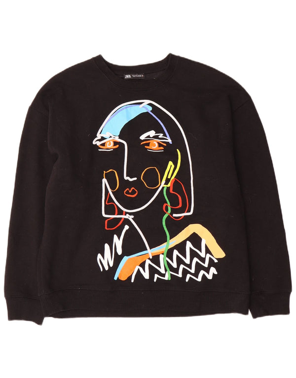 Zara Womens Graphic Sweat-shirt surdimensionné UK 10 Petit coton noir