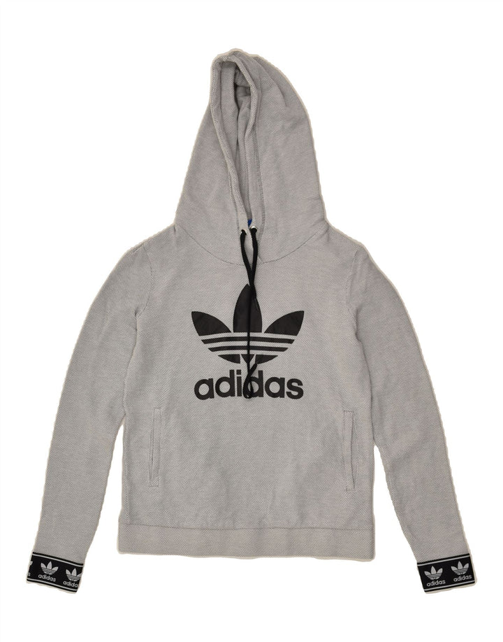 ADIDAS Womens Graphic Hoodie Jumper UK 10 Small Grey Polyester | Vintage Adidas | Thrift | Second-Hand Adidas | Used Clothing | Messina Hembry 