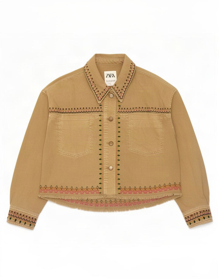 Zara Veste bomber surdimensionnée pour femme UK 10 Petit coton géométrique beige