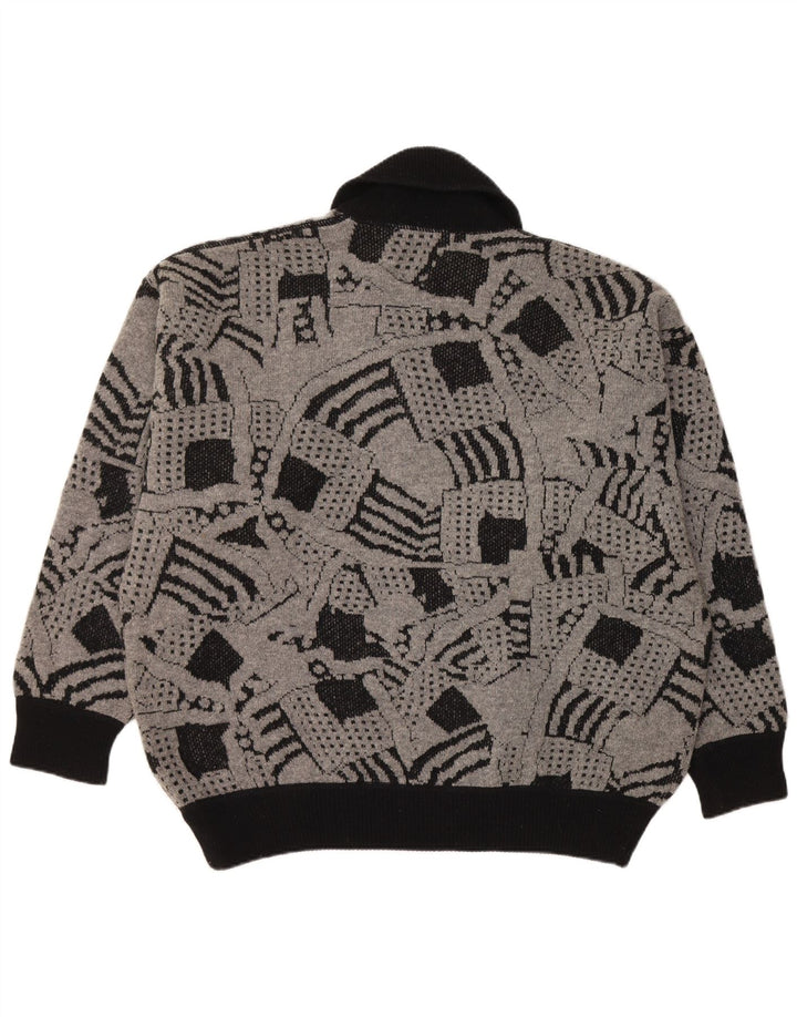 VINTAGE Femme Col Châle Pull Pull UK 16 Grand Gris Géométrique