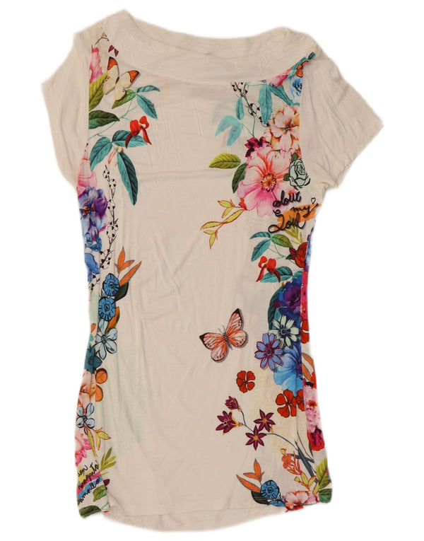 Desigual Femme Haut Long à Épaules Dénudées UK 6 XS Blanc Cassé Floral Viscose