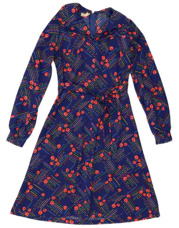 vintage Femmes Manches Longues A-Line Robe UK 14 Moyen Bleu Floral