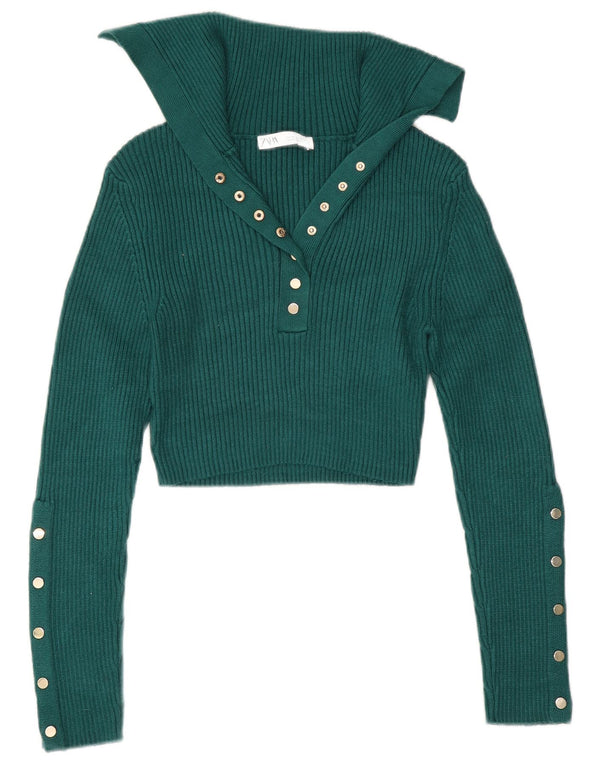 Zara Pull court à col polo pour femme UK 12 Viscose vert moyen