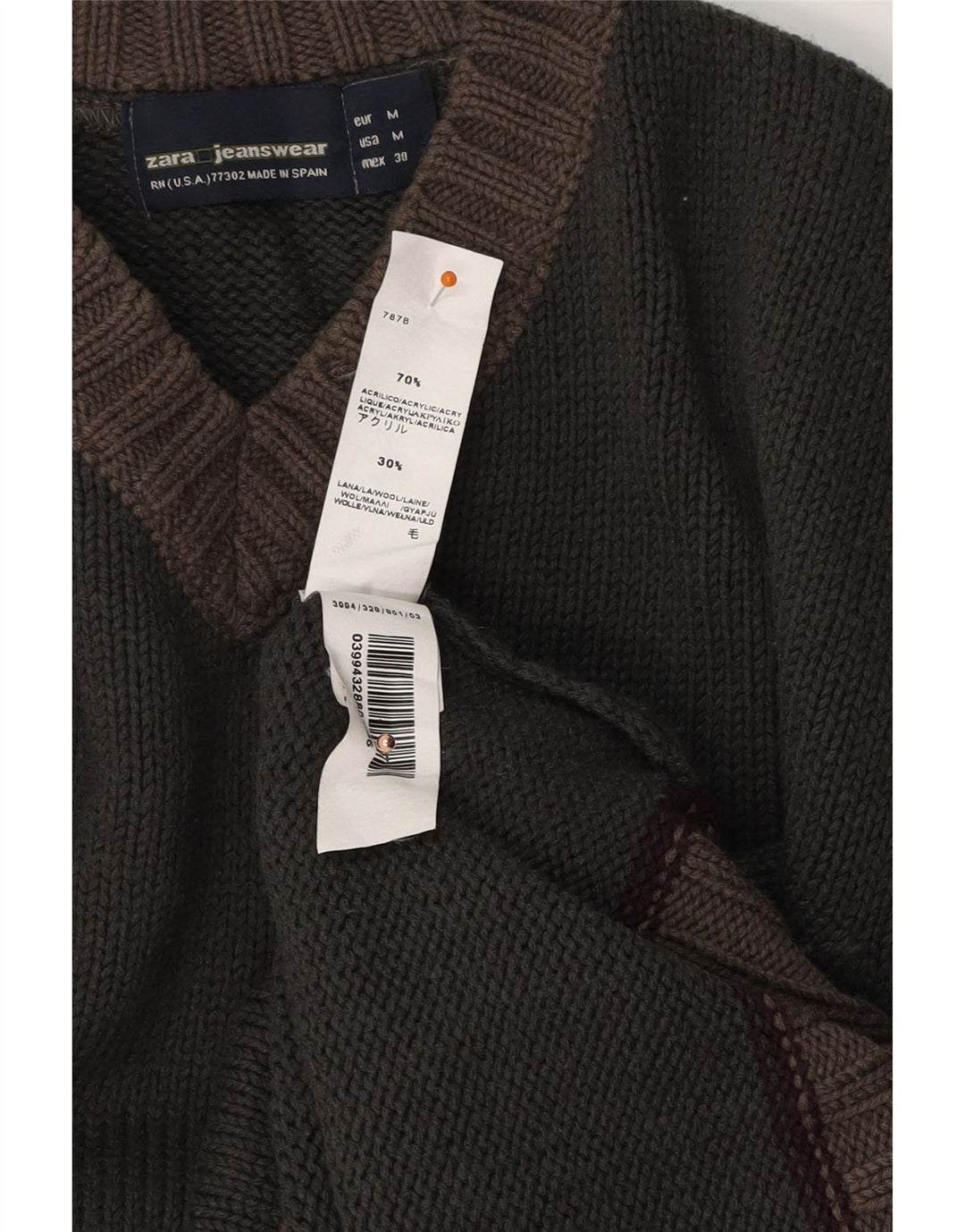 ZARA Pull col V Homme Kaki Moyen Acrylique Colorblock