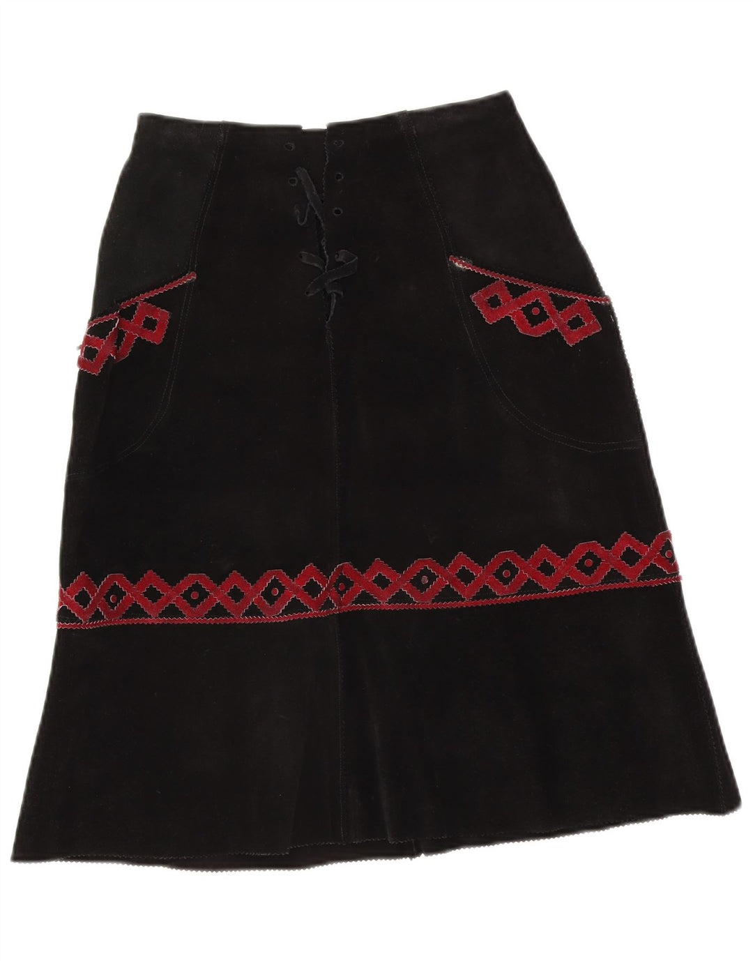 vintage Femme Daim Midi Jupe W28 Moyen Noir Géométrique