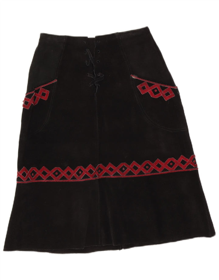vintage Femme Daim Midi Jupe W28 Moyen Noir Géométrique
