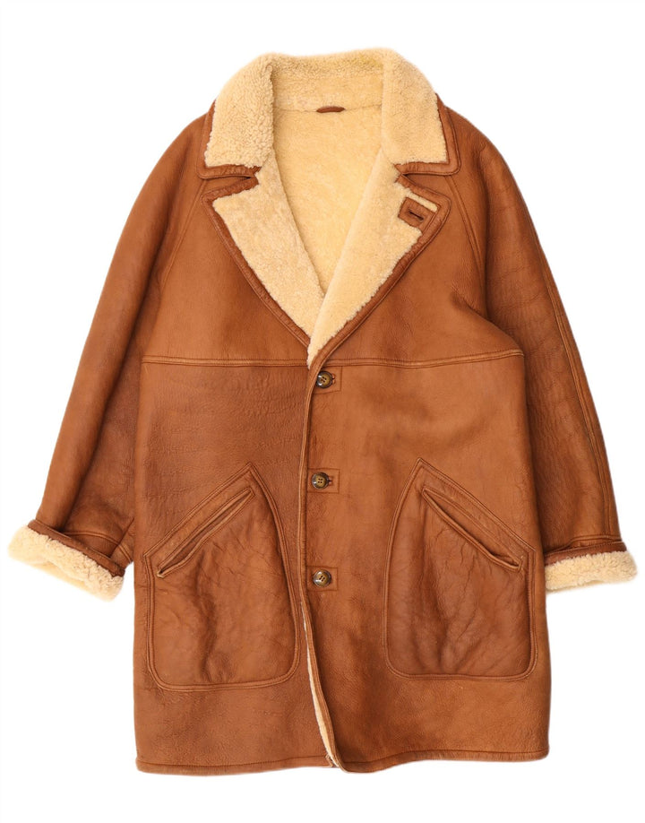 vintage Mens Shearling Jacket UK 38 Moyen Marron Cuir Classique