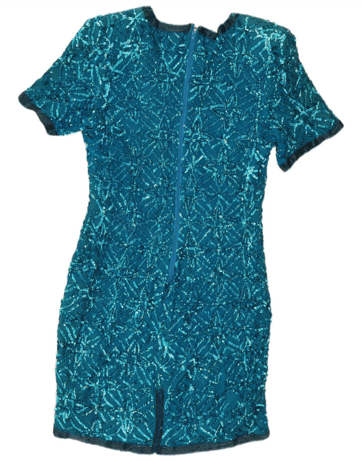 vintage Femme Sequin Shift Robe UK 14 Grande Soie Bleue