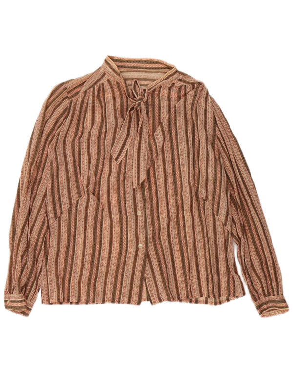 vintage Femme Front Tie Shirt Blouse UK 16 Grand Brun Rayé