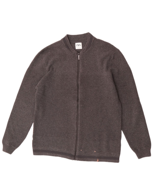 Zara Homme Cardigan Pull Large Gris Rayé Coton