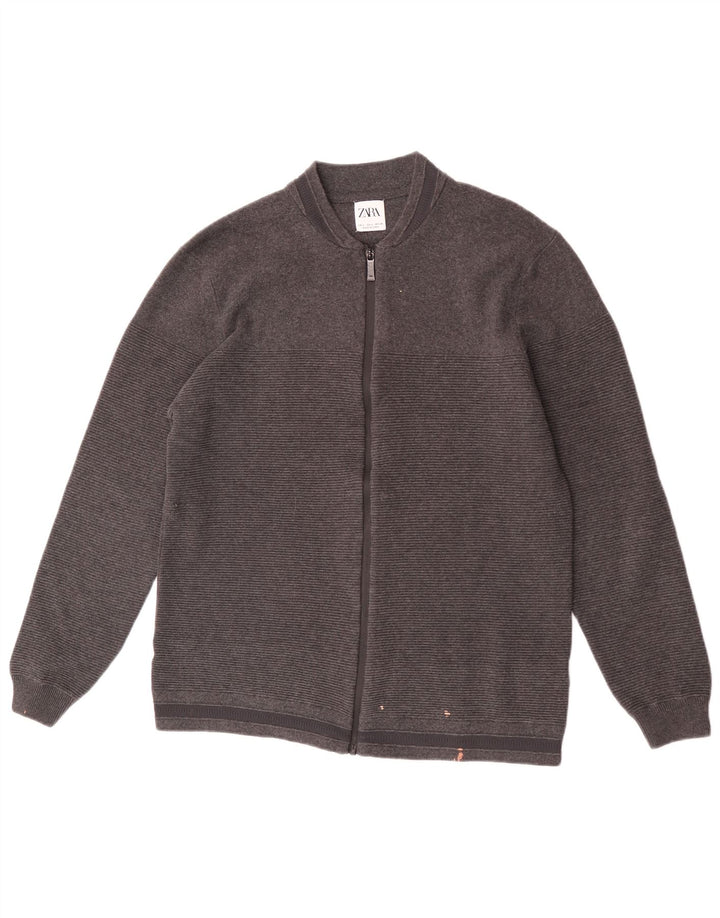 Zara Homme Cardigan Pull Large Gris Rayé Coton