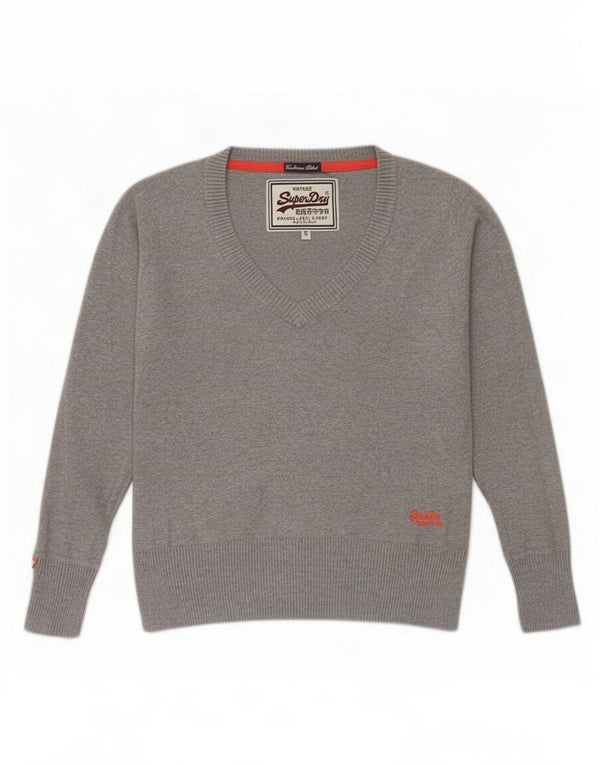Superdry Pull surdimensionné à col en V pour femme UK 10 Petit Gris Coton