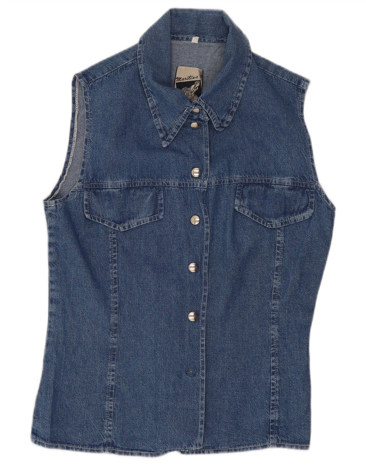 Chemise en denim sans manches femme vintage UK 10 Petit Bleu