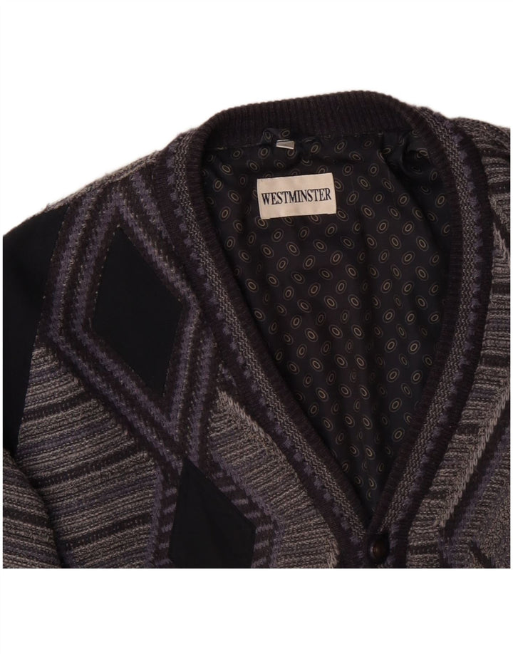 VINTAGE Homme Cardigan Pull XL Gris Géométrique Acrylique