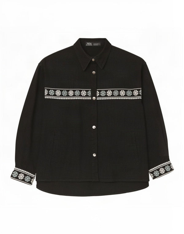 Zara Chemise surdimensionnée pour femme UK 14 Coton géométrique noir moyen
