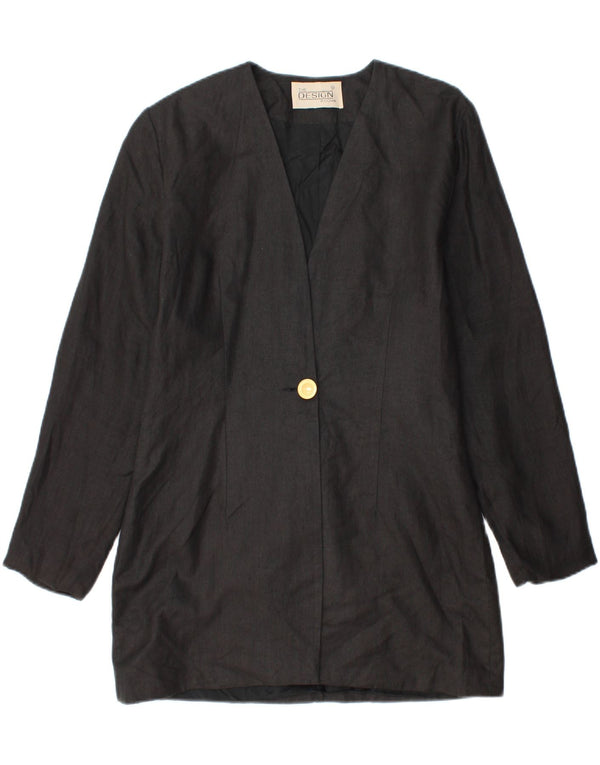 vintage Femmes Longline 1 Bouton Blazer Veste UK 14 Lin Noir Moyen