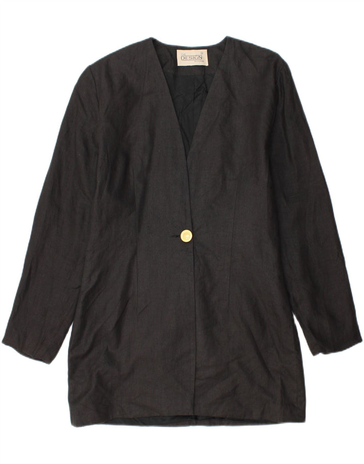 vintage Femmes Longline 1 Bouton Blazer Veste UK 14 Lin Noir Moyen