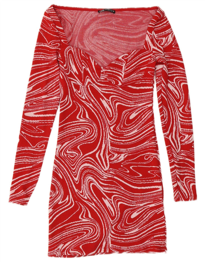 Zara Robe moulante à manches longues pour femme Motif abstrait UK 8 Petit Rouge
