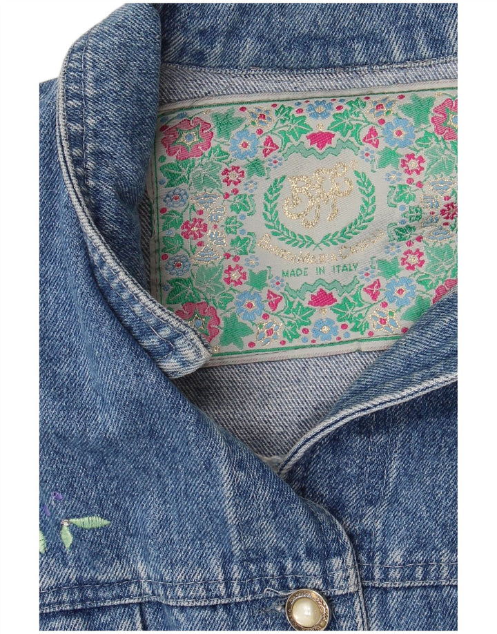 VINTAGE Femme Graphic Crop Denim Veste UK 14 Grand Bleu