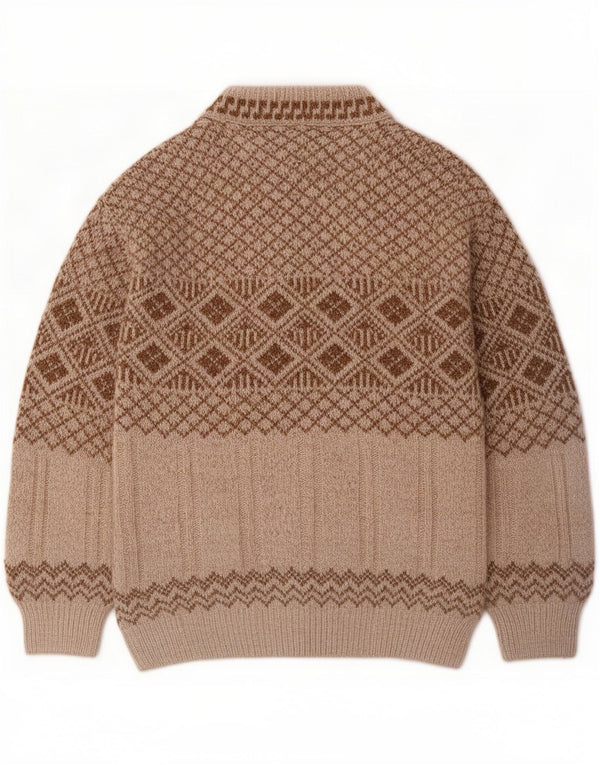 Vintage Mens Crew Neck Jumper Sweater Large Beige Fair Isle Acrylic