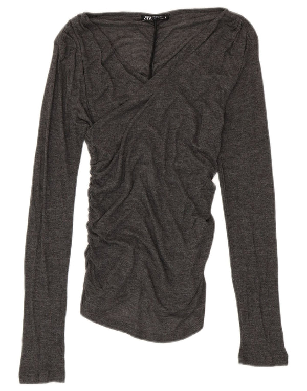 ZARA Femme Chemisier Top UK 12 Gris Moyen Polyester