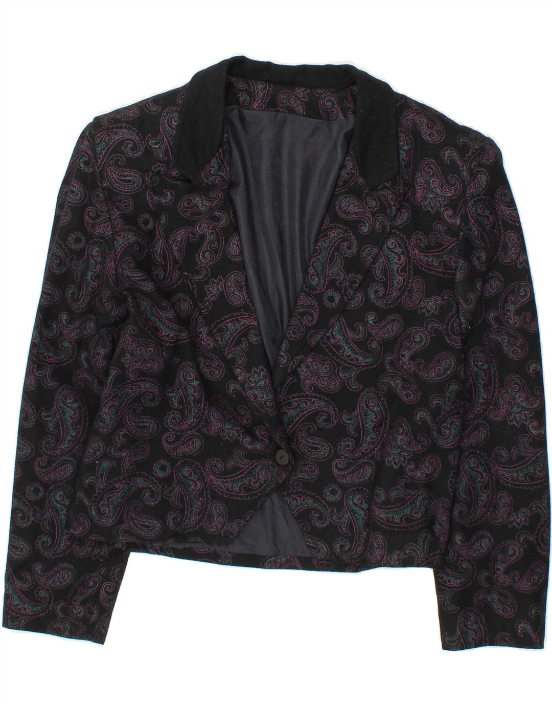 VINTAGE Womens Crop 1 Button Blazer Jacket UK 14 Large Black Paisley Vintage Vintage and Second-Hand Vintage from Messina Hembry 