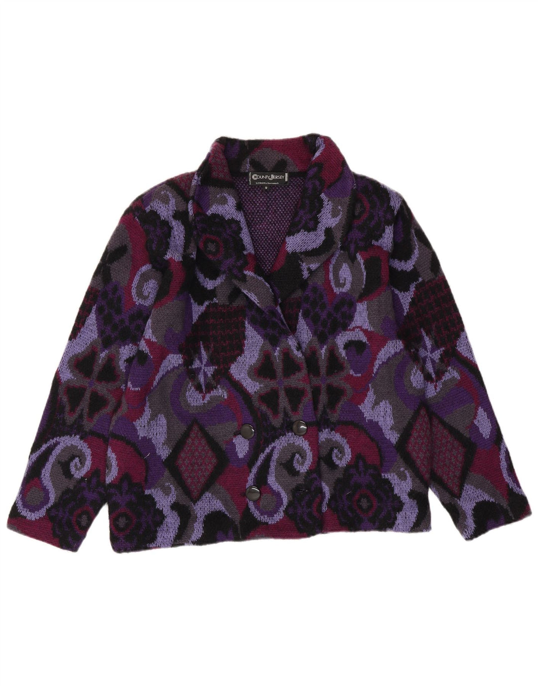 VINTAGE Femmes Cardigan surdimensionné Pull UK 10 Petit Violet Géométrique
