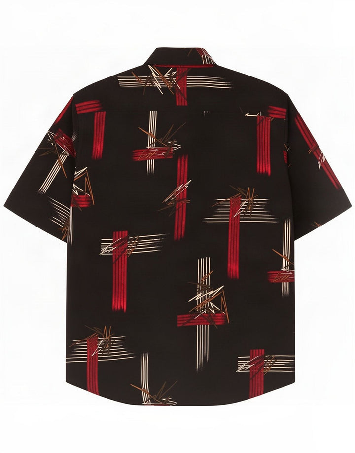 Chemise vintage à manches courtes pour hommes à motif abstrait, grande soie noire