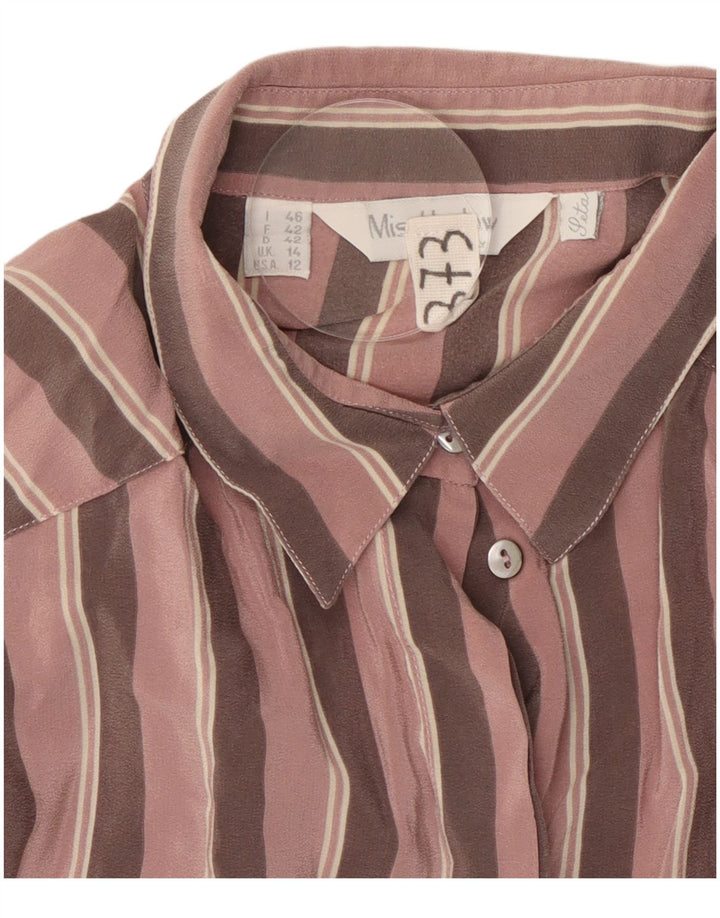 VINTAGE Chemisier Chemise Femme UK 14 Grande Soie Rayée Rose