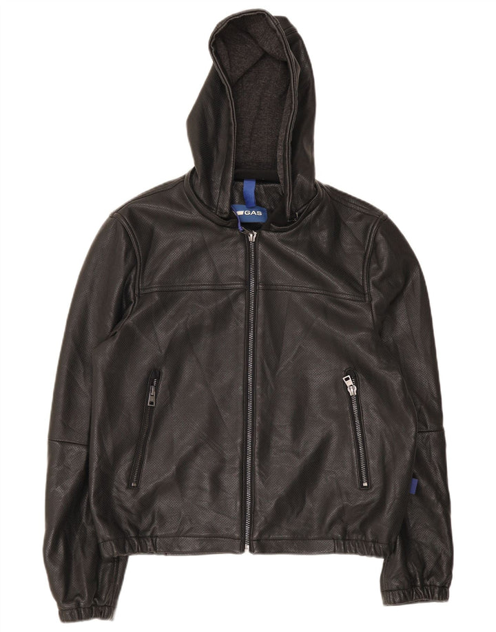 Gas Veste bomber à capuche en cuir pour homme UK 36 Petit Noir