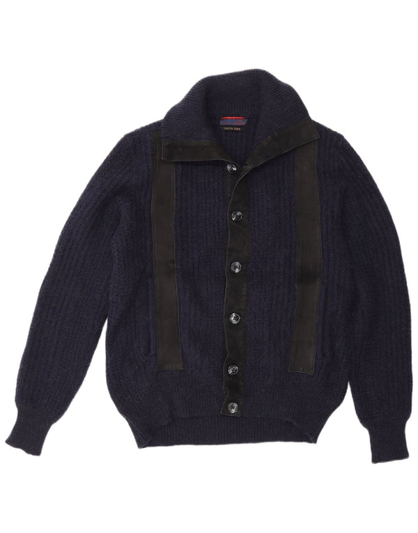 vintage Mens Cardigan Sweater IT 48 Medium Navy Blue Colourblock Camelhair