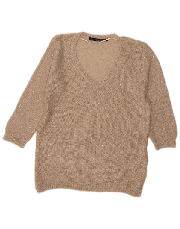 Zara Pull à manches 3/4 et col en V pour femme UK 16 Large Beige Polyester