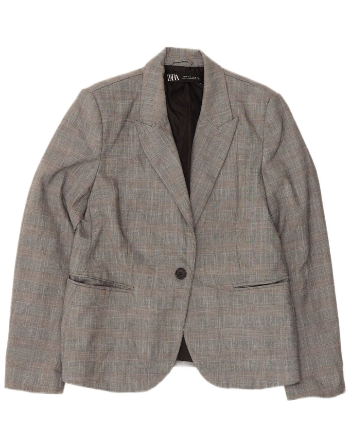 Zara Veste Blazer 1 Bouton Femme EU 42 Grand Gris Carreaux Polyester