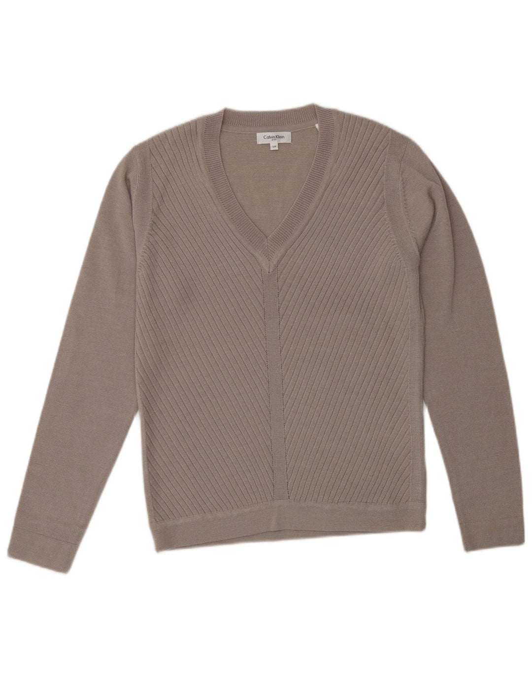 CALVIN KLEIN Pull de golf à col en V pour femme UK 10 Petite laine beige