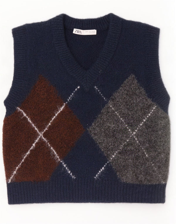 Zara Womens Crop Vest Débardeur UK 10 Petit Bleu Marine Argyle/Diamant