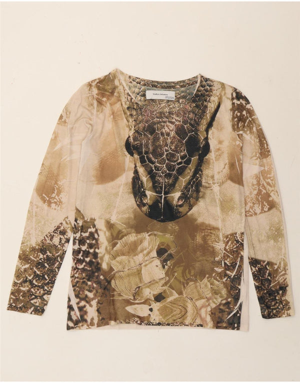 Zara Womens Graphic Top Manches Longues UK 16 Grand Beige Imprimé Animal