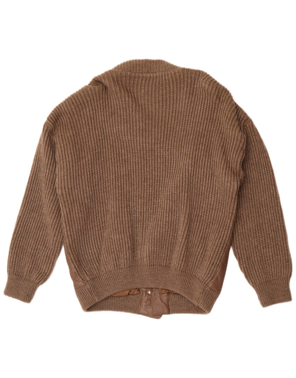 vintage Mens Leather Cardigan Sweater Grande laine brune
