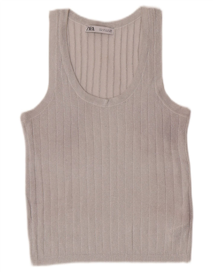 Zara Débardeur Femme UK 14 Large Viscose Mouchetée Argent