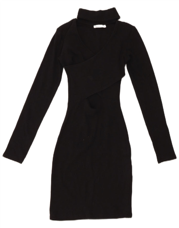 ZARA Robe moulante à manches longues pour femme UK 8 Petit coton noir