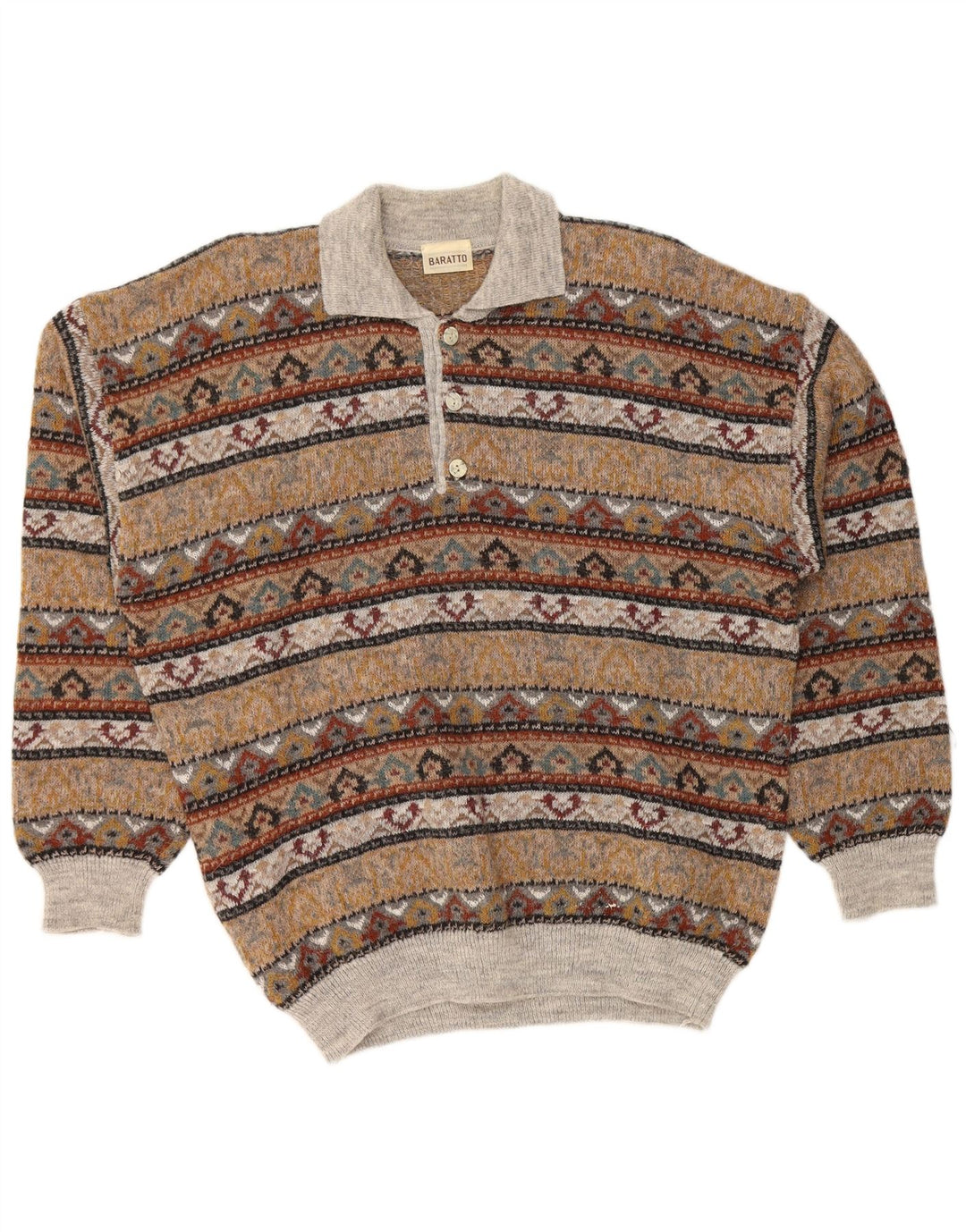 VINTAGE Pull col polo pour homme IT 52 Grand marron Fair Isle Acrylique