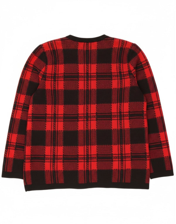 vintage Womens Cardigan Sweater UK 14 Grande laine mérinos à carreaux rouges