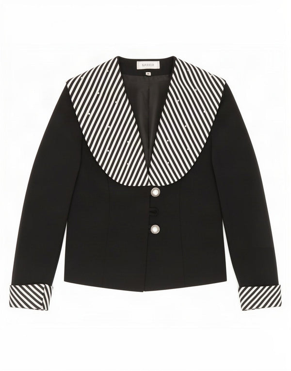 vintage Femme 3 Bouton Blazer Veste UK 14 Moyen Noir Rayé Polyester
