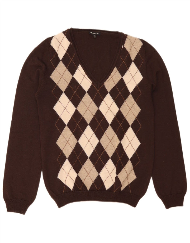 Massimo Dutti Pull col en V pour femme UK 14 Large Marron Argyle/Diamant