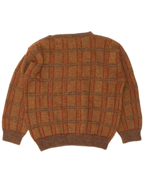 vintage Mens Boat Neck Jumper Pull Grand Marron Check Acrylique