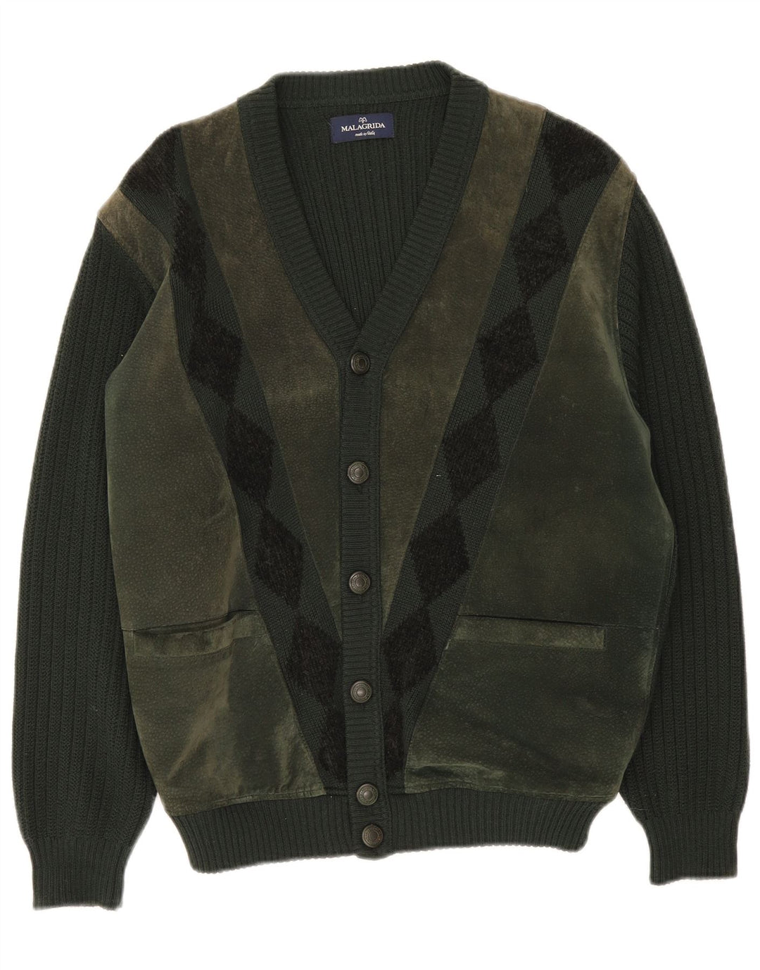 Malagrida Pull Cardigan Homme Vert Moyen Argyle/Diamond Laine