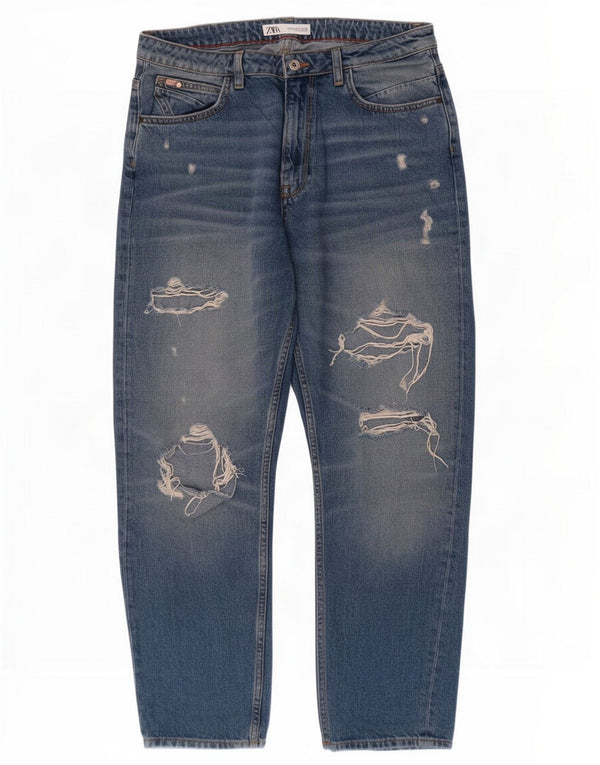 Zara Womens Crop Distressed Tapered Jeans EU 38 Small W28 L26 Bleu Coton