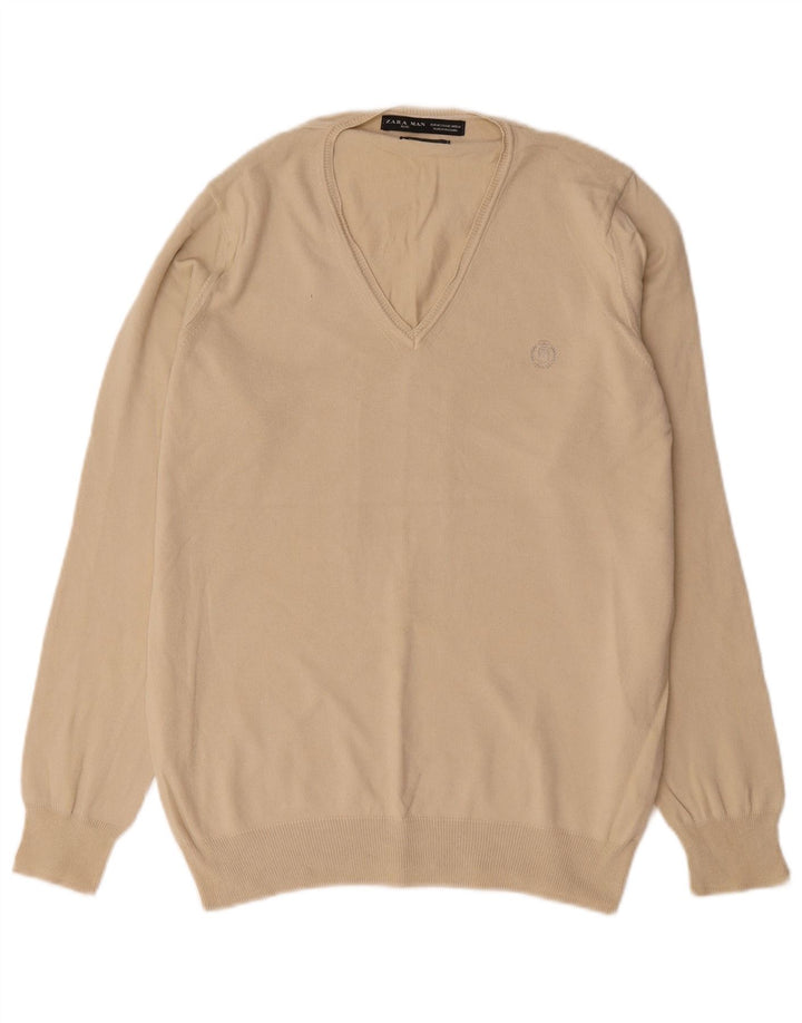 Zara Pull Col V Homme Beige Moyen Coton