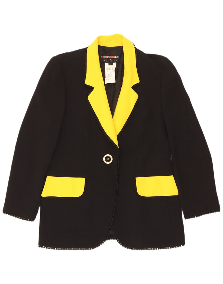 vintage Femme 1 Bouton Blazer Veste UK 14 Grand Noir Colourblock Acétate